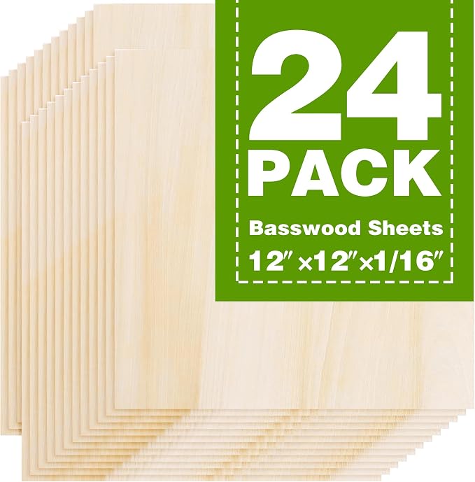 Basswood Sheets 12"x12"x1/16,1.5mm Basswood for Laser Cutting,Thin Plywood Board Unfinished Wood for Crafts, DIY Architectural Models Making, Wood Engraving (12inchx12inch-1/16-24Packs) by Unknown