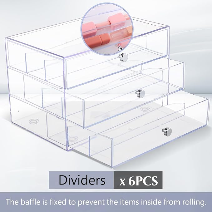 Wonderjune 1 Pack 3 Drawer Clear Washi Tape Organizer Acrylic Storage Box | 10 x 7 x 6.8 in, Divided Drawers, Clear Plastic Cube, Visible Storage for Craft Tape, Jewelry, Makeup Supplies - Image 4
