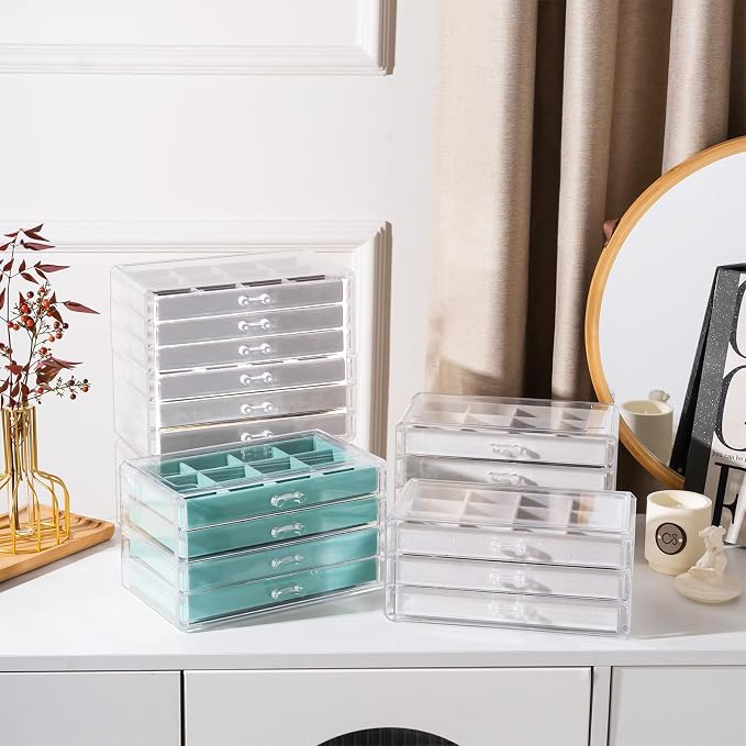 Lolalet Earring Holder Organizer Box Jewelry Storage with 6 Drawers, Clear Acrylic Stackable Earring Case with Adjustable Velvet Trays for Women on Dresser Vanity -Warmwhite, 6 Layers - Image 3