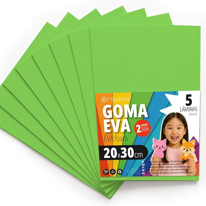 OFITURIA Foam Rubber for Crafts and School Projects, Coloured Foam Ideal for DIY, Decoration, Scrapbooking and Creative Projects, 20 x 30 cm (Light Green, Pack of 5) by OFITURIA