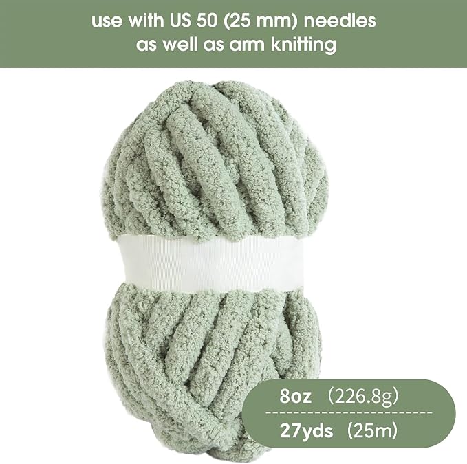 HOMBYS Sage Green Chunky Chenille Yarn for Crocheting, Bulky Thick Fluffy Yarn for Knitting,Super Bulky Chunky Yarn for Hand Knitting Blanket, Soft Plush Yarn, 18 Jumbo Pack (27yds,8 oz Each Skein) - Image 2