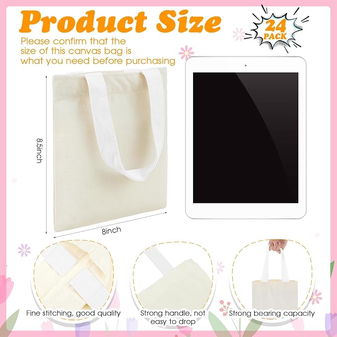 Amylove 24 Pcs Mini Canvas Tote Bags,8.5 X 8 Inch,Natural with White Handle | Blank Sublimation DIY, Small Reusable Totes Coloring Crafts, Grocery Shopping Easter Halloween Party Favor Gift Bags - Image 3