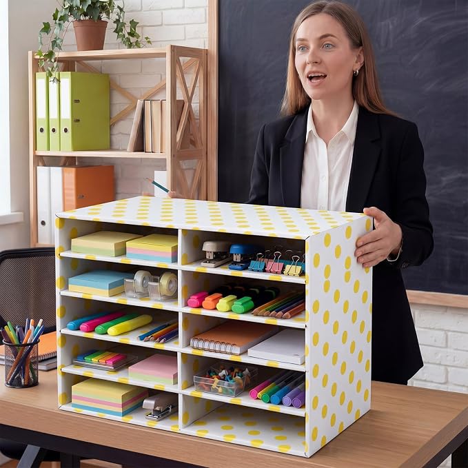 Eaasty 2 Pack 10 Slot Paper Storage Organizer, Back to School Construction Paper Holder for Office, Home, and School Use, 20.5 x 12.4 x 13.3 Inches (Polka Dots,Yellow) - Image 7