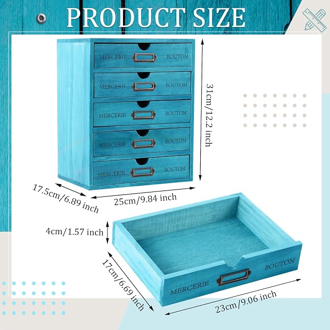 Wesiti Wooden Desk Organizer, 5 Drawers, Vintage Makeup Cabinet, Blue | Rustic Drawer Storage for Office, Home, Craft Room, Jewelry, Sewing Supplies, Apothecary Desktop Box, Pre-assembled Decor - Image 3