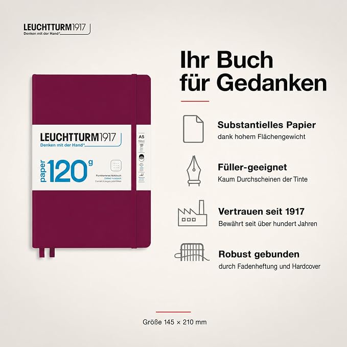 LEUCHTTURM1917 - 120G Special Edition - Medium A5 Dotted Hardcover Notebook (Port Red) - 203 Numbered Pages with 120gsm Paper - Image 2