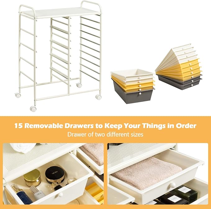 GOFLAME 15-Drawer Rolling Storage Cart, Craft Storage Cart with Removable Drawers & Lockable Wheels, Art Cart Supply Storage Organizer for Home Office Classroom, Yellow - Image 6