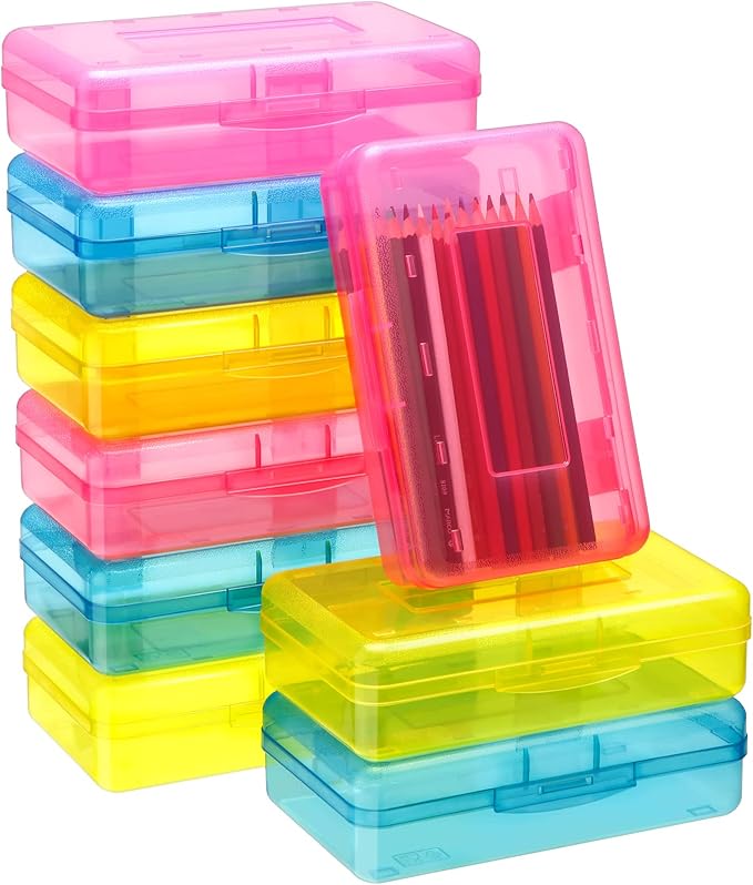 Fainne 24 Pack Clear Plastic Pencil Box,Pink, Yellow, Blue | Stackable Organizer for School Supplies, Large Case for Crayons Markers, Snap-lid Keeps Stationery Secure, Bulk Set by Fainne