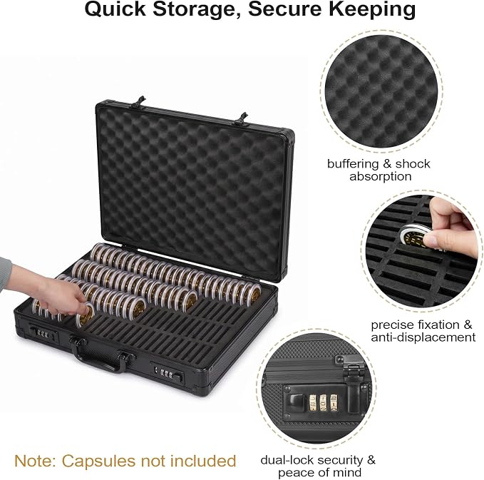 LOCKCURX Aluminum Coin Case with Lock, 100 Slot Coin Collection Case(Black) | Coin Storage Box Reinforced Corners & Water-Resistant Shell, Coin Organizer, (Case Only, Coins & Capsules Not Included) - Image 4