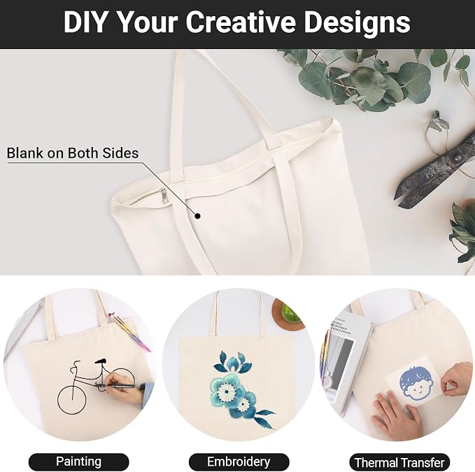 Segarty 3PCS 16.5x13 inch Natural Heavy DIY Tote for Crafting, Ironing and Embroidering, White Canvas Reusable Grocery Shopping Bag with Zipper - Image 5