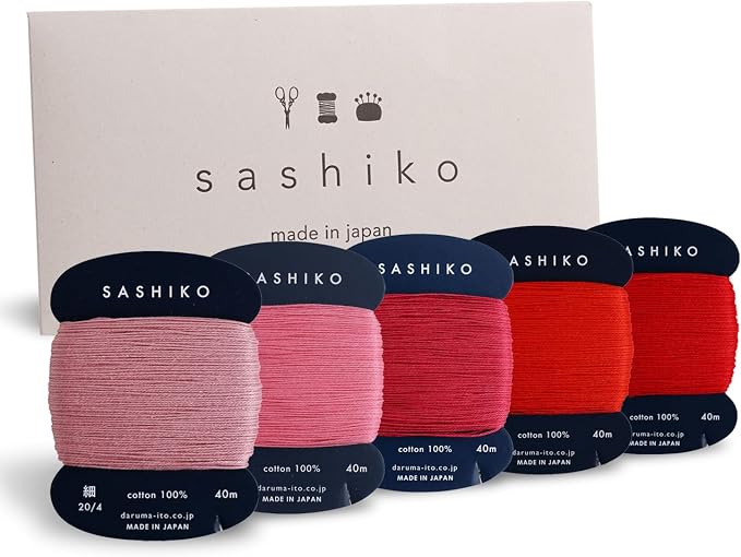 DARUMA Sashiko Thread 100% Cotton Card Type (43.7 yd) x 5 Colors with English Manual, Sewing & Embroidery Value Set with Gift Package(Thin, Hanafubuki) by Daruma