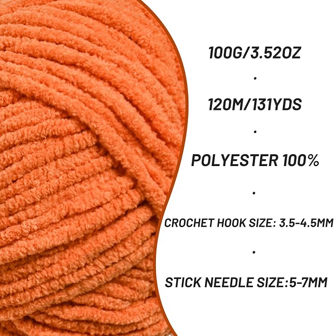 Plush Chenille Chunky Crochet Yarn - Baby Yarn for Crocheting Soft - Velvet Yarns Knitting for Blankets Crafts - Fluffy Amigurumi Yarns 100g / 131yd (Orange) - Image 2