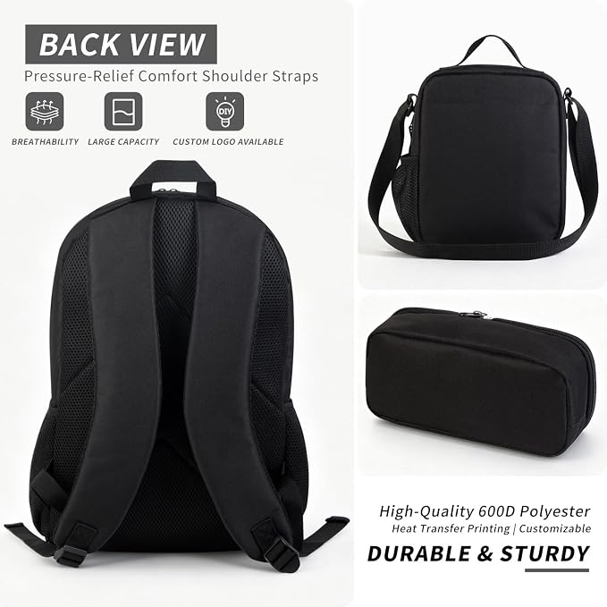 2Sets 16inch Sublimation Blank Backpack Lunch Bag Pencil Case Set for Children DIY Bookbag Cooler Bag Pencil Bag(black) - Image 6