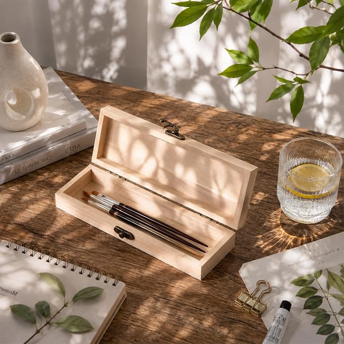 6 Sets Unfinished Wooden Box Rectangle with 10 Brushes Unpainted Wooden Treasure Chest Natural Pine Box with Hinged Lid for DIY Craft Making Storage Jewelry School's Day Gift 8.2x2.7x1.5 in - Image 7