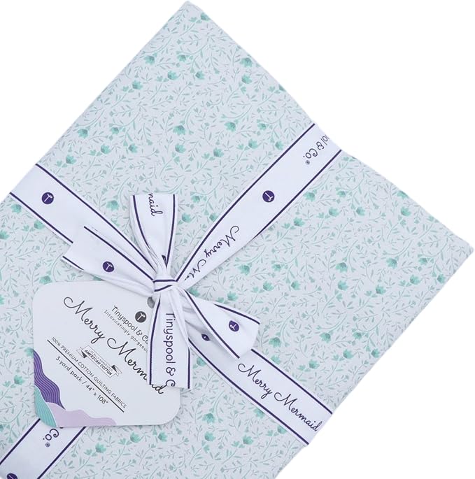 Tinyspool & Co. 100% American Cotton Fabric – 3 Yard Cut Quilting Fabric – Prewashed Preshrunk Yardage for Quilt Backing Borders Binding Sewing Crafts – Merry Mermaid No.10 – Mint White by TinyspoolCo