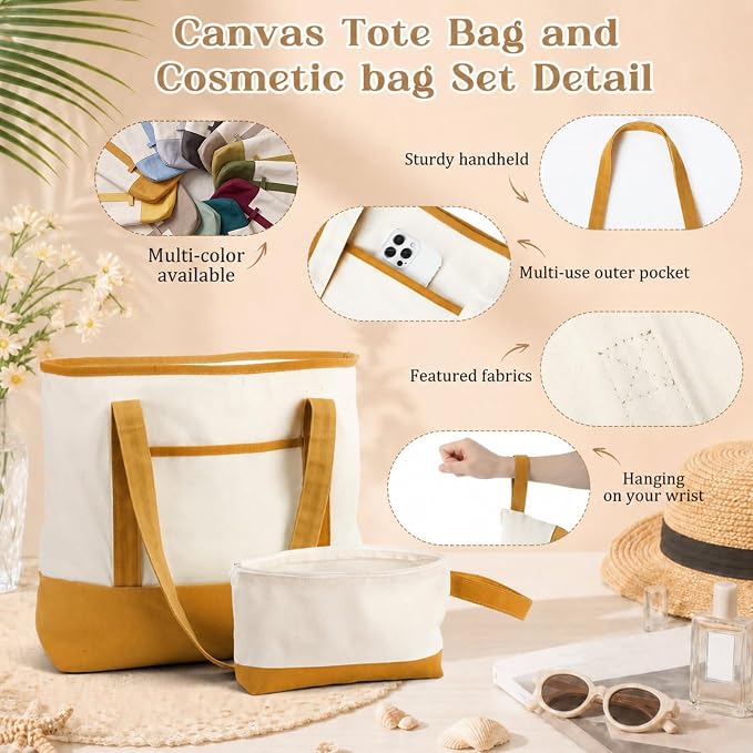 Sanwuta 24 Pcs Canvas Tote Bags Bulk with Outer Pocket and Makeup Pouch 18'' Reusable Grocery Bags with Handles for Women Beach DIY (Boho) - Image 4