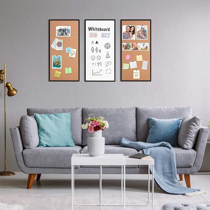 Cork Board and Whiteboard Combination Board, Black, 3-Pack 12" X 24" | Dual Purpose Bulletin Board and Dry Erase Board, Supports writing and pinning photos, designed for home, office and classroom - Image 4