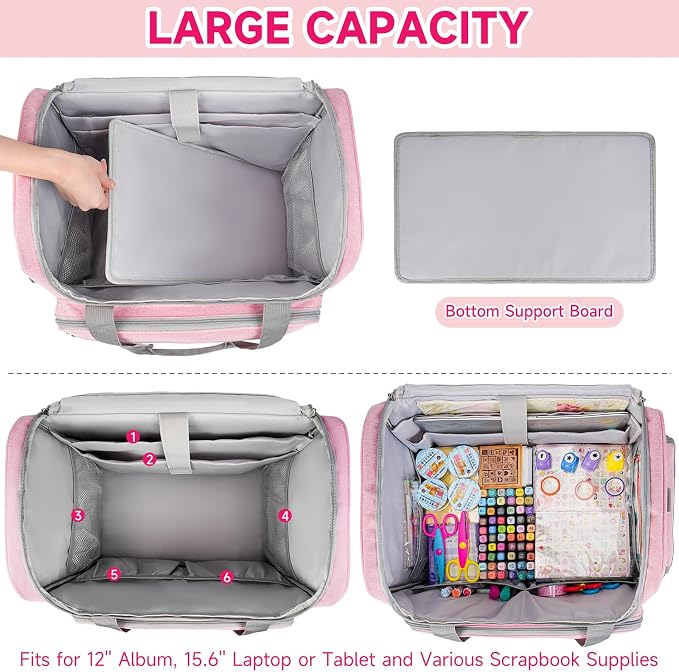 Rolling Craft Bag, Large Craft Bag with Wheels for Scrapbook Supplies | Scrapbook Tote with 15.6'' Laptop Sleeve, Rolling Art Supply Storage for Scrapbooking Tools, Pink (Bag Only) - Image 2