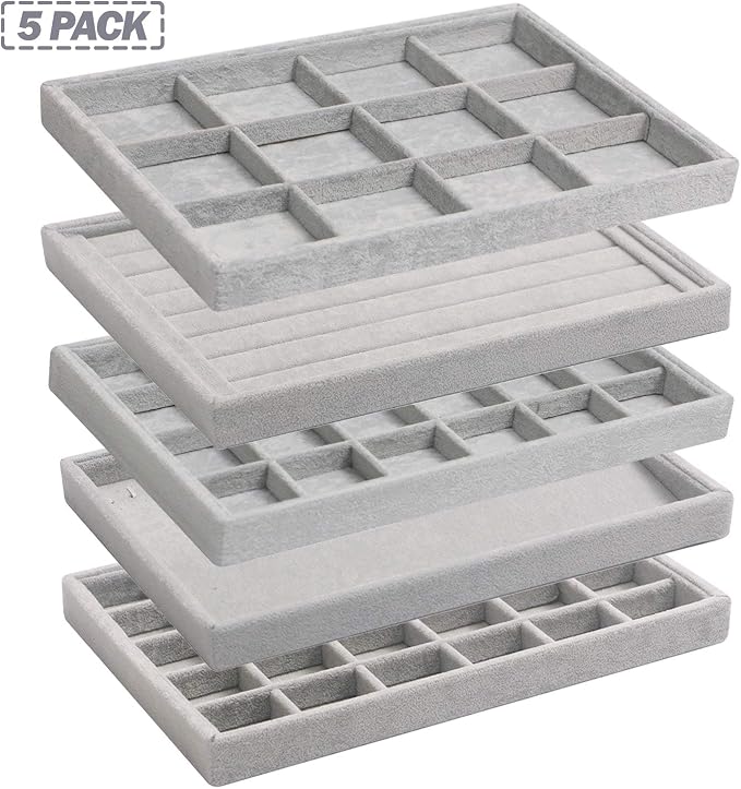 DIOMMELL 5 Pack Stackable Velvet Jewelry Trays Organizer, Jewelry Display Storage Box Showcase Holder Dresser Drawer Organizer for Earring Necklace Bracelet Ring Accessary, Grey - Image 7