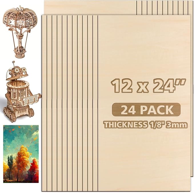 Adrattnay Basswood Sheets 3mm - 1/8 x 12 x 24inch, 24pcs Square Laser Basswood Plywood for Laser Cutting & Engraving DIY Crafts, Wood Burning, Painting, Architectural Model Building by WOODEXPERT