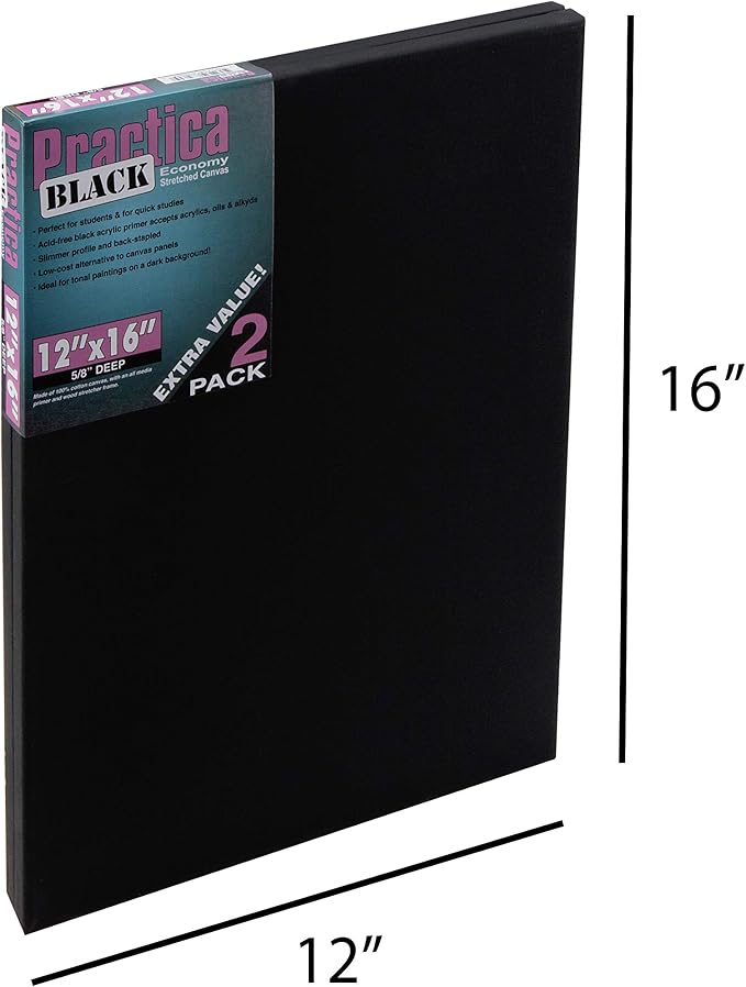Practica Economy Black Stretched Cotton Canvas - Acid-Free Acrylic Primed Canvas for Acrylics, Oils, Alkyds, & More! - [2-Pack - 12x16] - Image 2