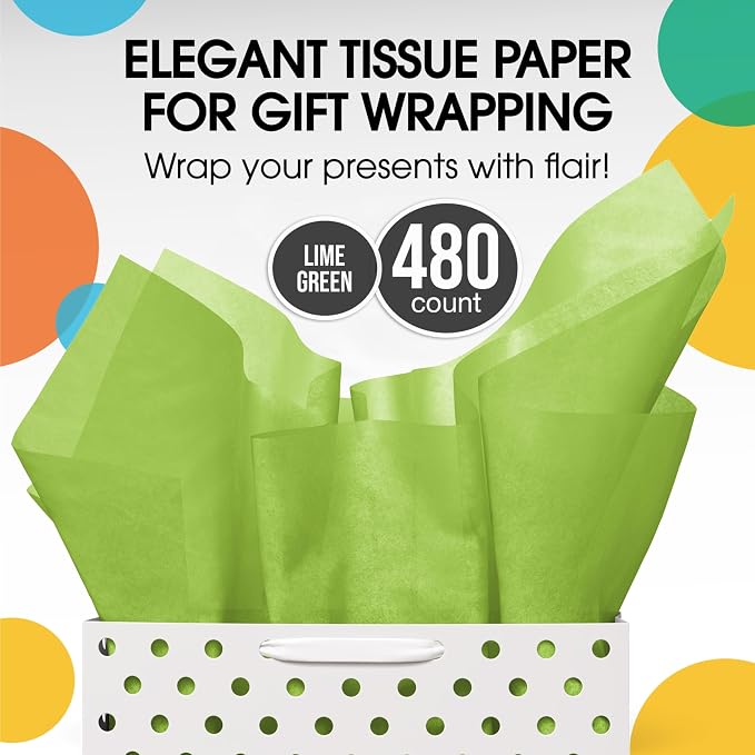 Party Solids Lime Green Tissue Paper for Gift Bags - 15" X 20" Bulk Tissue Paper Lime Green 480 Sheets - 10lb Newsprint for Packing, Birthday Gift Box Filler, Packing Supplies for Moving Supplies - Image 4