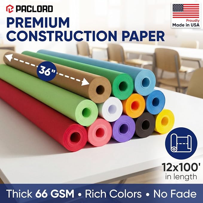 Multi-Color Construction Paper Set 36" x 100 ft – 12 Colors, Made in USA – Bulletin Board Paper for Classrooms, School & Arts Crafts | Bulletin Board Paper for Classroom, School Projects, Arts & Crafts, DIY Decorations, Kids Gift & Flower Wrapping - Image 2
