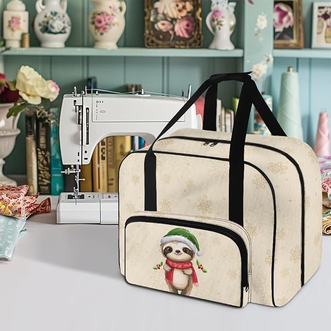 Sewing Machine Storage Bag Large Capacity Appliance Dust Bag Universal Versatile Travel Tote Bag Portable Sewing Machine Organizer Bag, Sloth Holly Santa Hat Scarf Snowflake Beige - Image 2