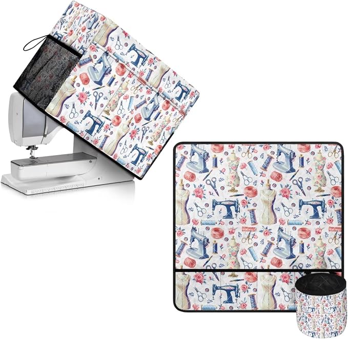 Sewing Theme Sewing Machine Protective Cover and Table Mat with Small Cylinder and Pocket Durable Waterproof Sewing Supplies For Fits Standard Singer, Brother and Janome Machines by PJHEQOXE