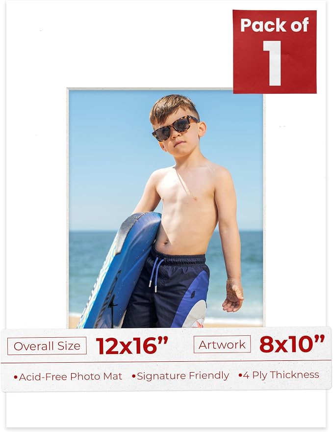 8x10 Mat for 12x16 Frame - Precut Mat Board Acid-Free Show Kit with Backing Board, and Clear Bags Textured White 8x10 Photo Matte Made to Fit a 12x16 Picture Frame Matboard for Framing, Pack of 1 Mat by PosterPalooza