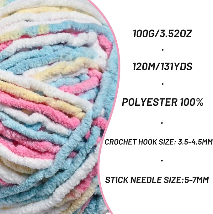 3 Packs Plush Chenille Chunky Crochet Yarn - Baby Yarn for Crocheting Soft - Velvet Yarns Knitting for Blankets Crafts - Fluffy Amigurumi Yarns 300g / 393yd (3 Candy Color) - Image 2