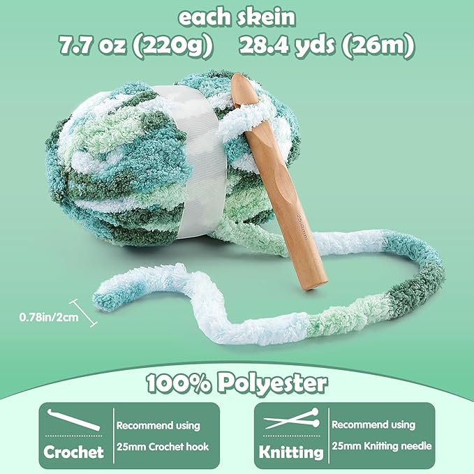 Chunky Yarn for Hand Knitting, Chunky Chenille Blanket Yarn for Crocheting | 8 Pack 228 Yds, 61.6 Oz Super Bulky Soft Fluffy Yarn for Crochet, Mixed Color Ombre Jumbo Thick Yarn for Crocheting Blankets - Image 2