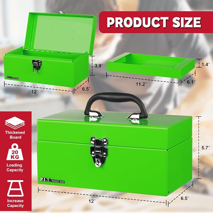 P.I.T. Metal Tool Box 12 Inch,Portable Small Toolbox with Latch,Green | Removable Metal Tray,Thickened Steel with Powder Coat Finish,Easy to Carry with a Comfortable Handle - Image 2