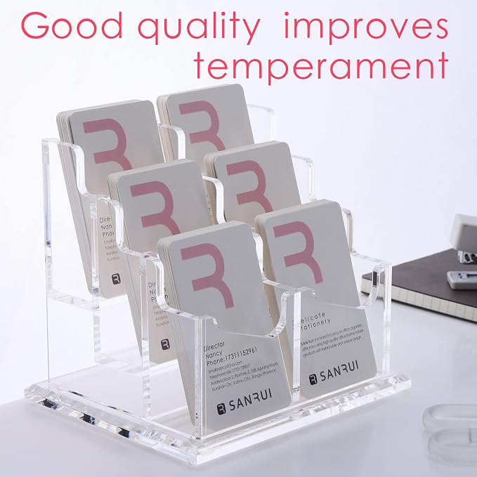 SANRUI Vertical Business Card Holder for Desk，Clear Acrylic Business Card Display Stand，6 Slots 3 Tier ，Holds 300 Cards - Image 6