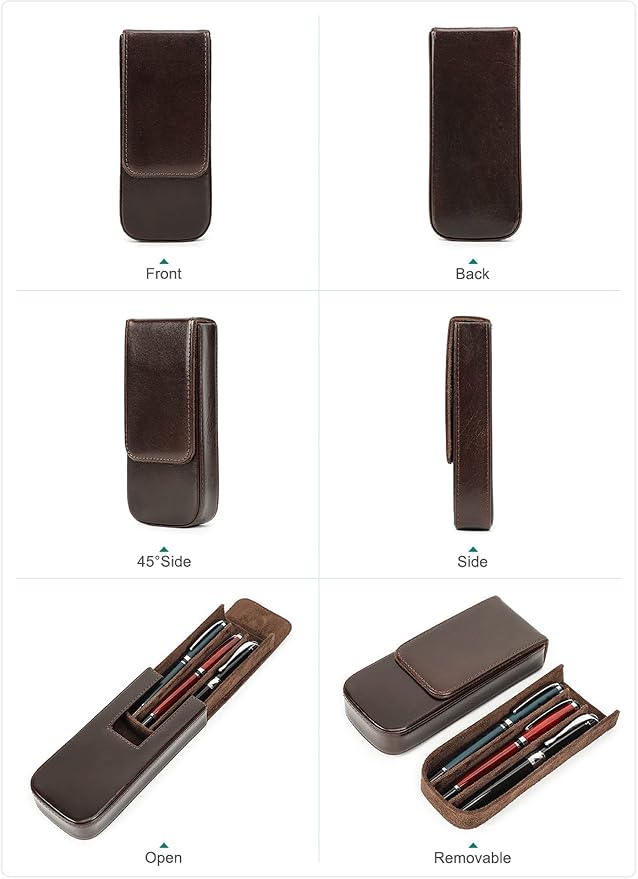 Top Grain Genuine Leather 3 Pen/Pencil Tray Case Holder, Minimalist Fashion Design, Handmade, Magnetic Closing with Drawer Design, Gift Choice for Man/Woman/Office, Glossy Coffee, 3 Slots - Image 4