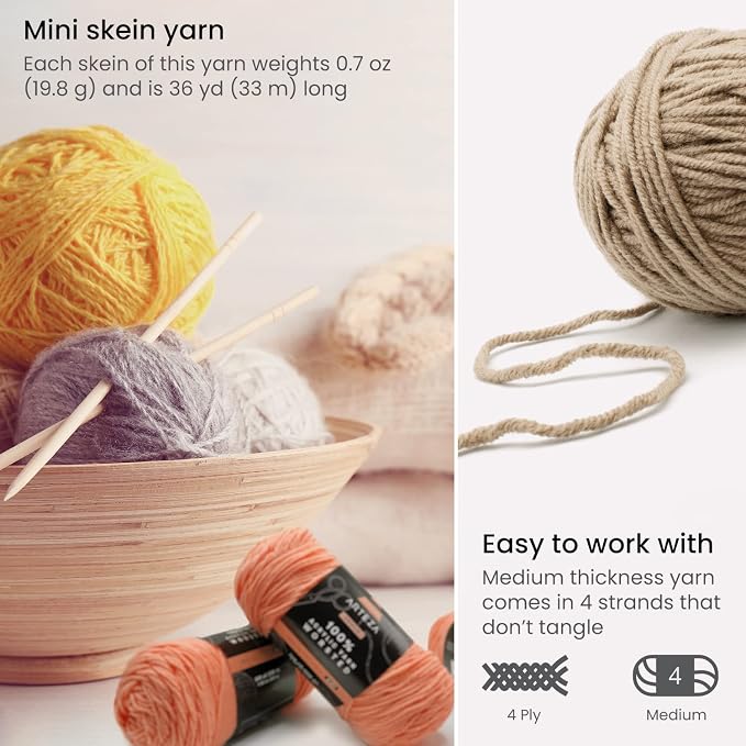 ARTEZA Acrylic Yarn for Crocheting, 20 Mini-Skeins of Worsted Yarn for Knitting in Light Colors, Knitting & Crochet Supplies - Image 3