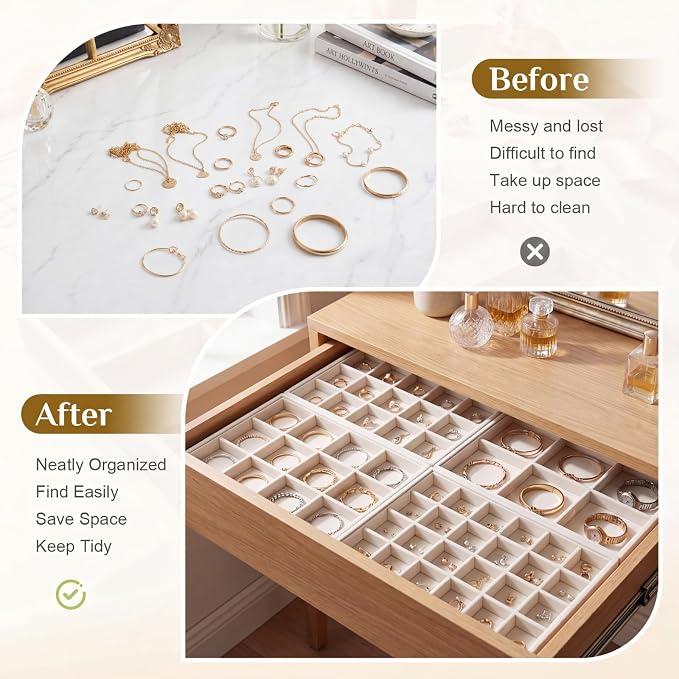 Unittype Set of 4 Stackable Jewelry Organizer Tray for Drawer Inserts Velvet Necklace Earring Bracelet Ring Holder Jewelry Display Storage Box for Bangle Stud Necklace Ring(6/12/15/24 Grid,Beige) - Image 4