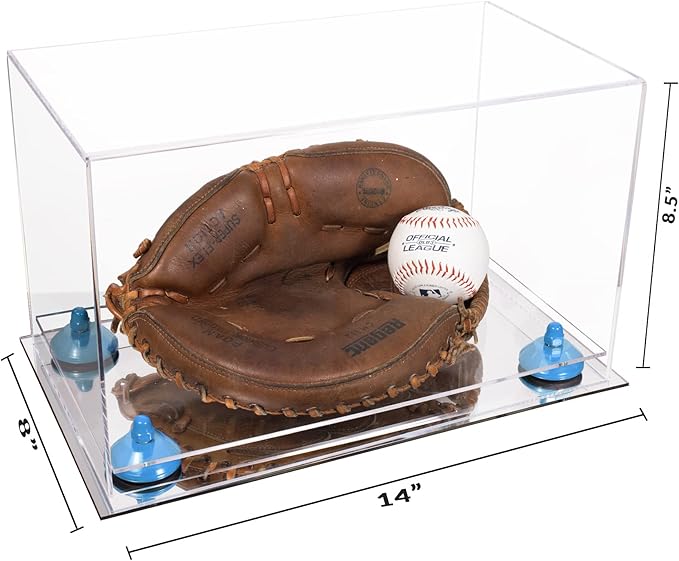 Better Display Cases Clear Acrylic Catchers Glove Display Case with Light Blue Risers and Mirror Base (A011/V16)