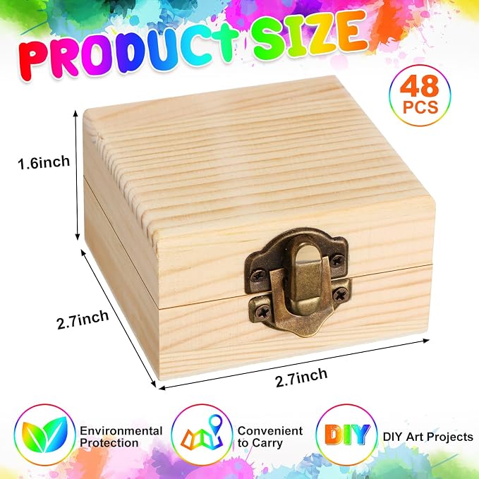 Sintuff 48 Pack Small Unfinished Wooden Boxes for Crafts 2.7 x 2.7 x 1.6 Inch Storage Treasure Chest with Hinged Lids Clasp Mini Pine Wood Jewelry Gift Boxes for DIY Bracelet Home Decorate Party Favor - Image 3