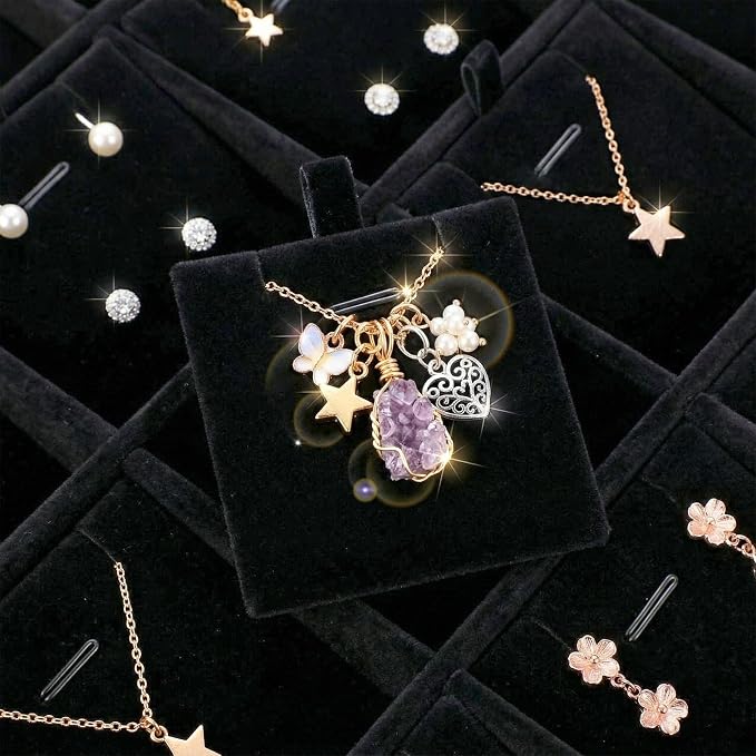 2 Pcs 24 Grid Stackable Jewelry Organizer Tray with Removable Dividers Ice Velvet Jewelry Display Showcase Tray for Necklace Earring Ring Bracelet Holder (Black Velvet) - Image 3