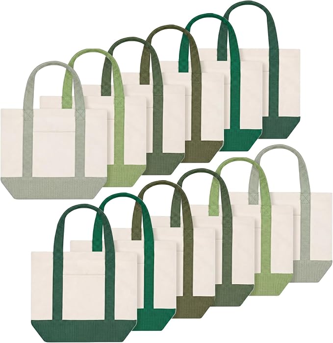 Eccliy 12 Pcs Mini Canvas Tote Bags 13" x 11" x 6" Small Tote Shopping Bag Bulk with Pocket Handle Blank Heavy Duty Reusable Canvas(Sage Green Series) by Eccliy