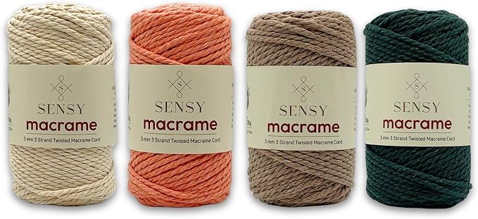 S Sensy 3mm Triple-Cotton Macrame Cord 4 Pack Salmon-Ecru-Forest Green-Latt by SSENSY