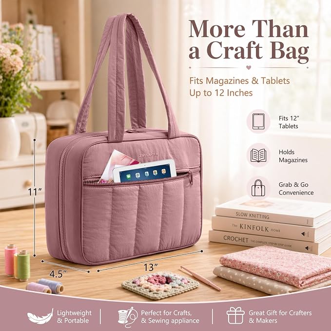 AMOIGEE Sewing Supplies Organizer Bag, Large Craft Storage Tote with 17 Clear Pockets&Tool Holders, Portable Crochet Knitting Embroidery Organizer Case for Threads, Hooks, Needles & Sewing Accessories - Image 2