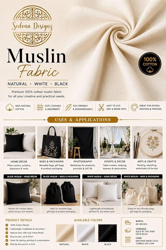 Sedona Designz 100% Muslin Fabric Unbleached, Draping Textile, 100 Yards Continuous Medium Weight, 100% Cotton, 60 Inch Wide - Image 2