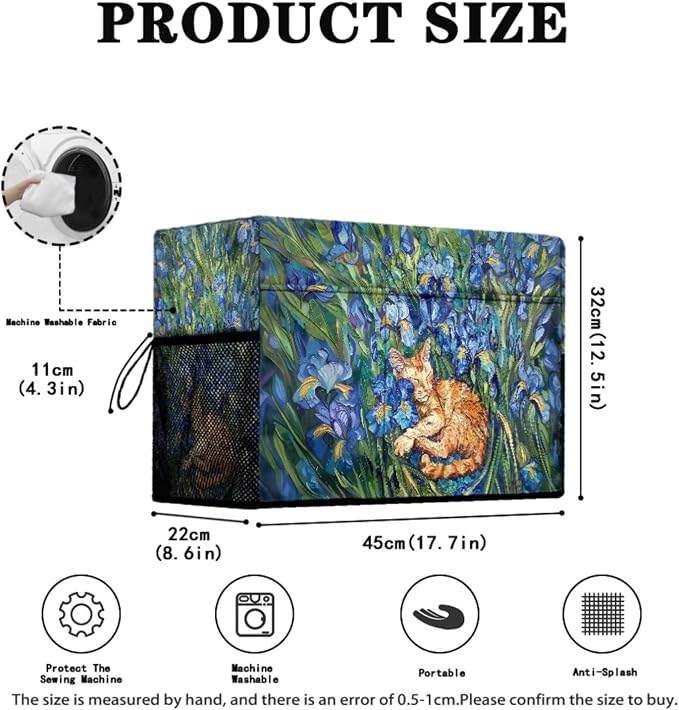 Iris Flower Orange Cat Print Sewing Machine Muffling Mat and Dust Cover to Keep Clean & Safe Muffling Mat Protection Suitable for Brother Singer Bernina and Most Machines - Image 2