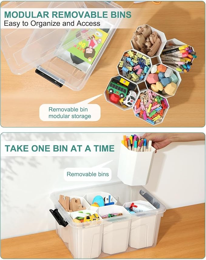 NUMIFUN 17QT Clear Storage Bins with Lids & Dividers for Crafts | Stackable 17-quart transparent box featuring 6 tall removable inserts. Perfect for organizing crafts, tools, toys & crayons - Image 3