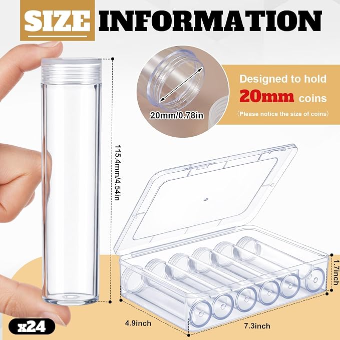 Qunclay 24 Pcs Dime Coin Tubes with 4 Plastic Storage Box Clear Holders with Lid for Coin Supplies Collection - Image 2
