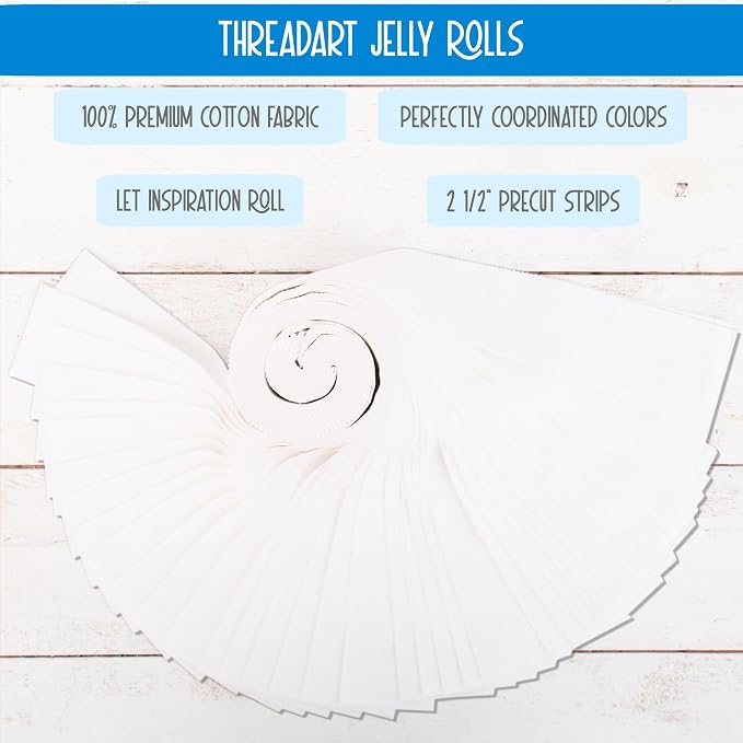 Threadart White Jelly Roll - 40 Precut 2.5" Cotton Strips | 40 precut 2.5in cotton jelly roll strips - coordinated for quilts, patchwork, table runners, bags & DIY sewing - Image 3