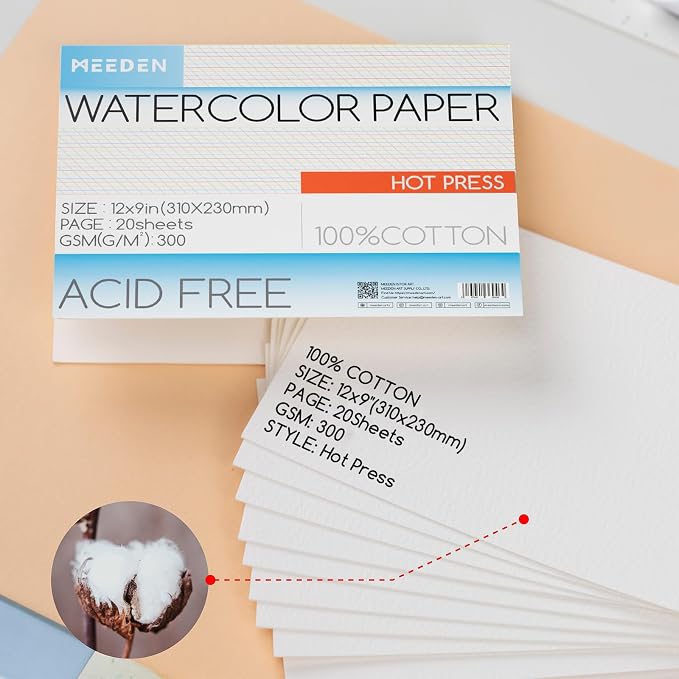 MEEDEN Cotton Watercolor Paper Block: 9" x 12" Hot Pressed of 20 Sheets | 140lb/300gsm 100% Cotton Watercolor Paper Pad, Acid-free Art Paper for Painting, Drawing, Watercolor, Gouache, Ink and More - Image 2