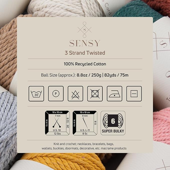 S Sensy 3mm Triple-Recycled Cotton Macrame Cord 4 Skeins, Silver 82 Yards - Image 3
