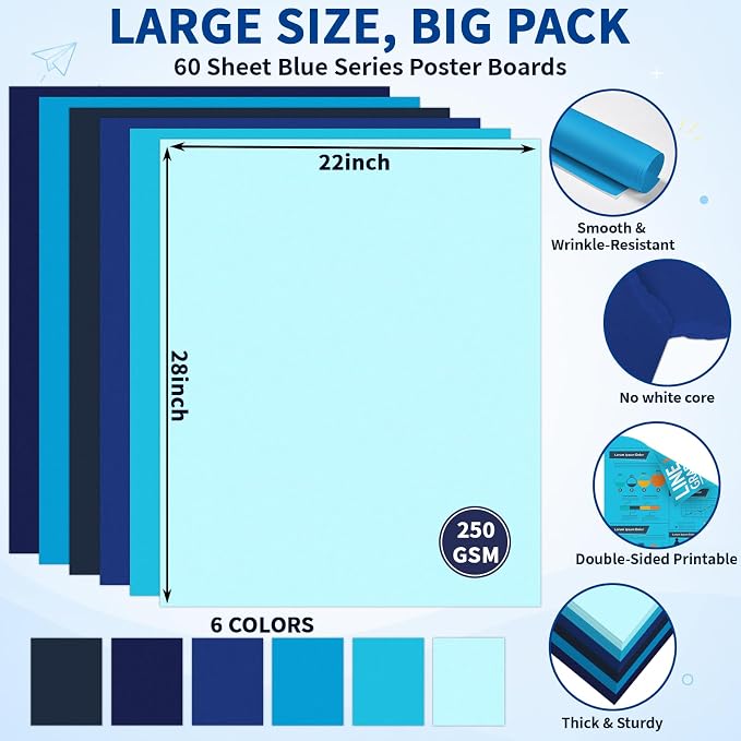 Oleitodh 60 Sheets Blue Large Poster Board 22 x 28 in, 6 Shades, 250 GSM | Heavyweight poster board for signs, school projects, vision boards, art crafts, presentations, and event displays. - Image 2